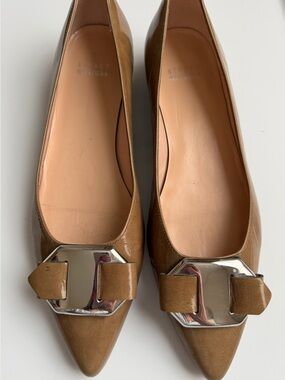 Stuart Weitzman Patent Leather Pointed-Toe Flats with Silver Buckle-7.5